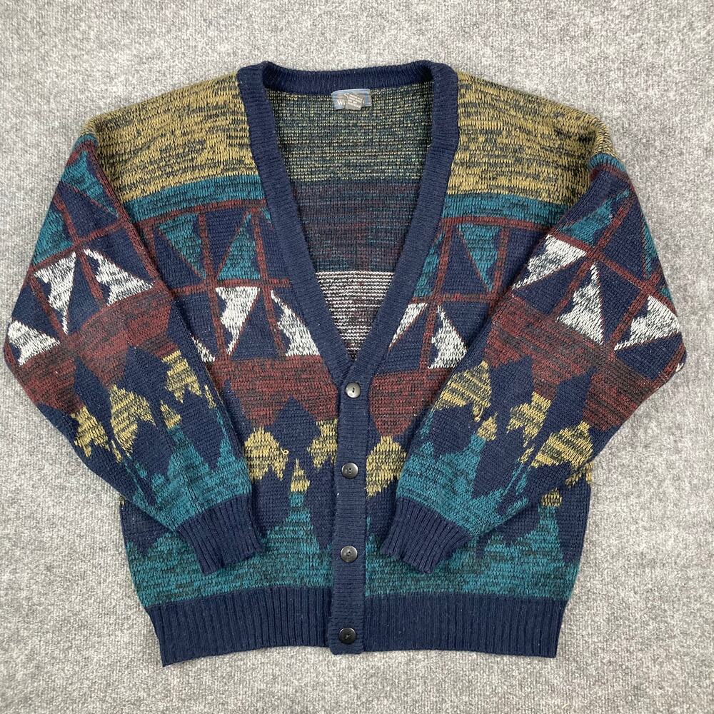 SIR William Cardigan Mens Size L Geometric Pattern Blue Green Button Sweater